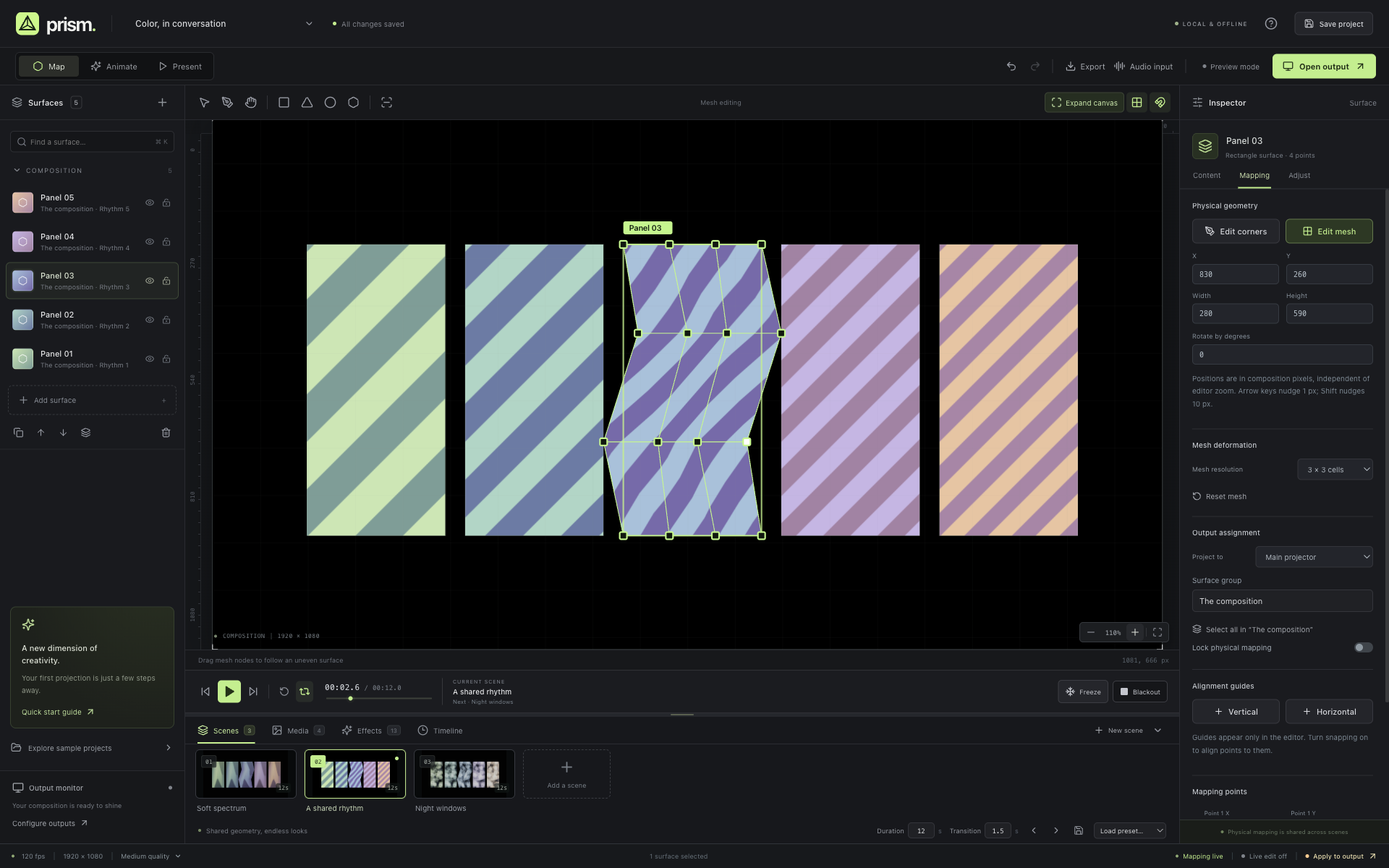 Prism mapping workspace with five striped panels and a curved mesh on the center panel